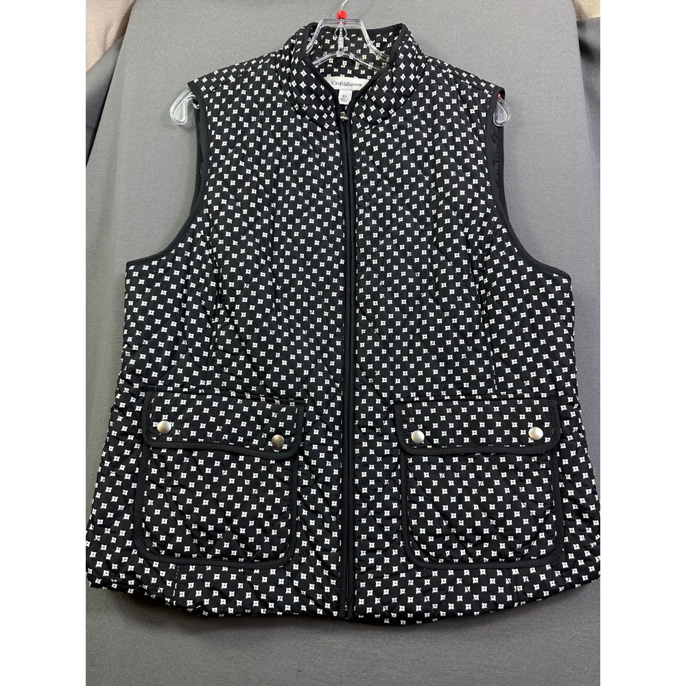 Croft & Barrow Womens XL Black White Geometric Quilted Full Zip Vest Mock Neck